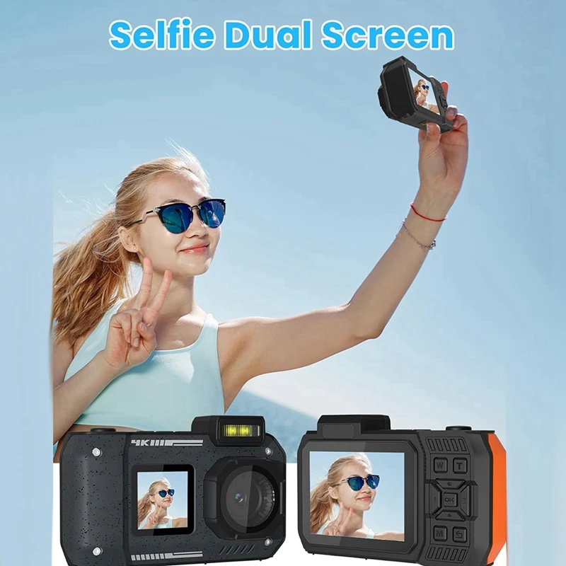 FFYY-Waterproof Camera 4K 65MP Underwater Camera With 64G Card, For Snorkeling Autofocus Selfie Dual-Screen
