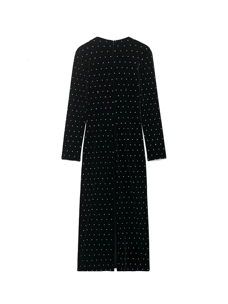 Abito in velluto a maniche lunghe alla moda per donna Elegante scollo a V retrò aderente con diamanti chic che borda l'abito da sera da donna