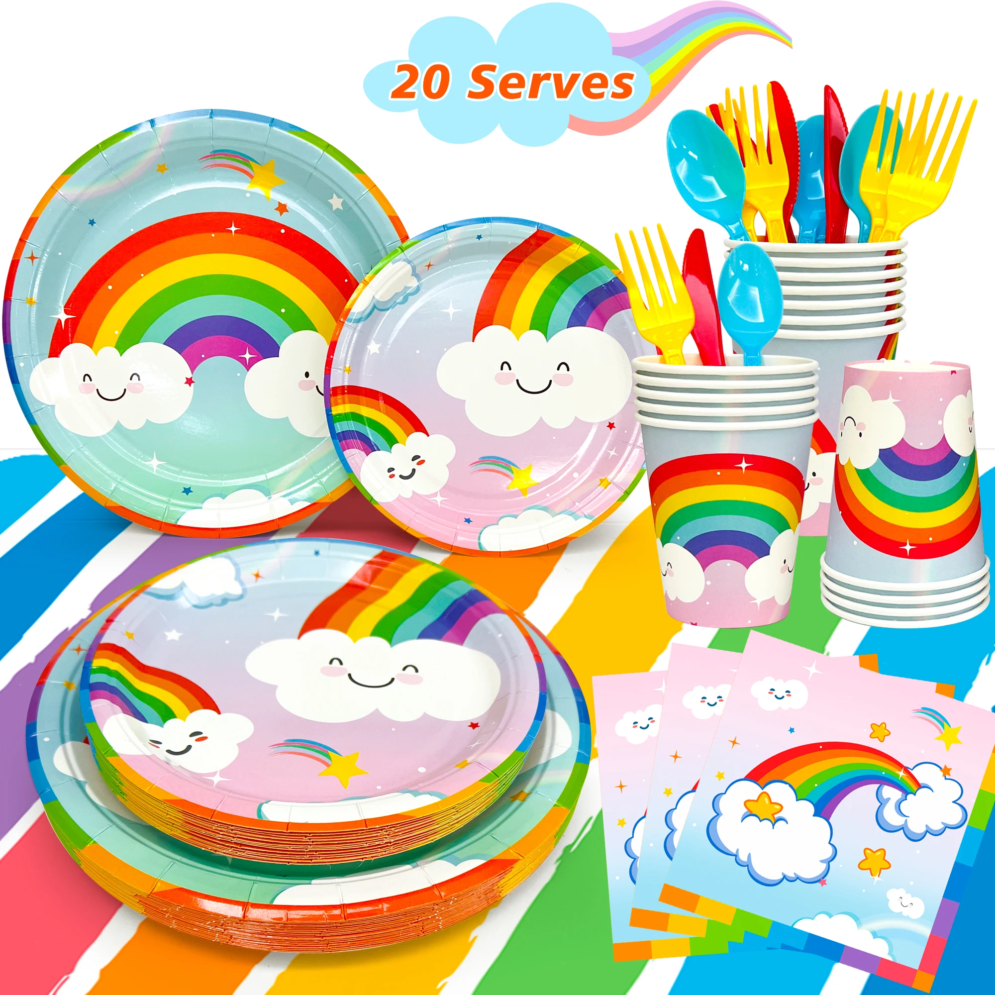 Rainbow Party Supplies,141Pcs Rainbow Party Tableware Set - Rainbow Plates Cups Napkins Table Cloths Serves 20 Guests