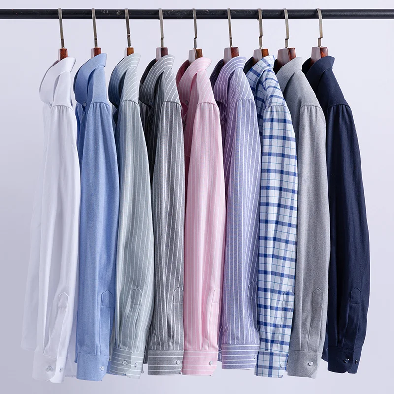 7XL Oxford 100% Cotton Classic Plaid Stripes Solid Color Work Blue White Shirts Men Long Sleeve Men Shirts Long Sleeve Slim Fit
