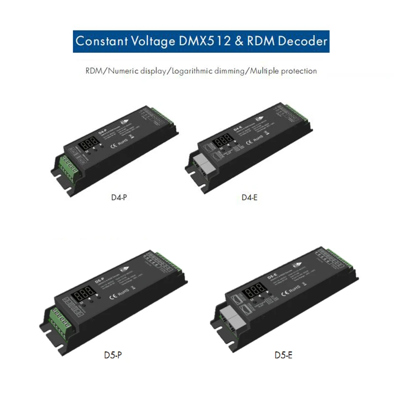 

Skydance PWM DMX Decoder D4-E D4-P 4 CH D5-E D5-P 5CH DMX512 Controller Digital Display XLR3 RJ45 DC12-36V For RGB RGB CCT Tape