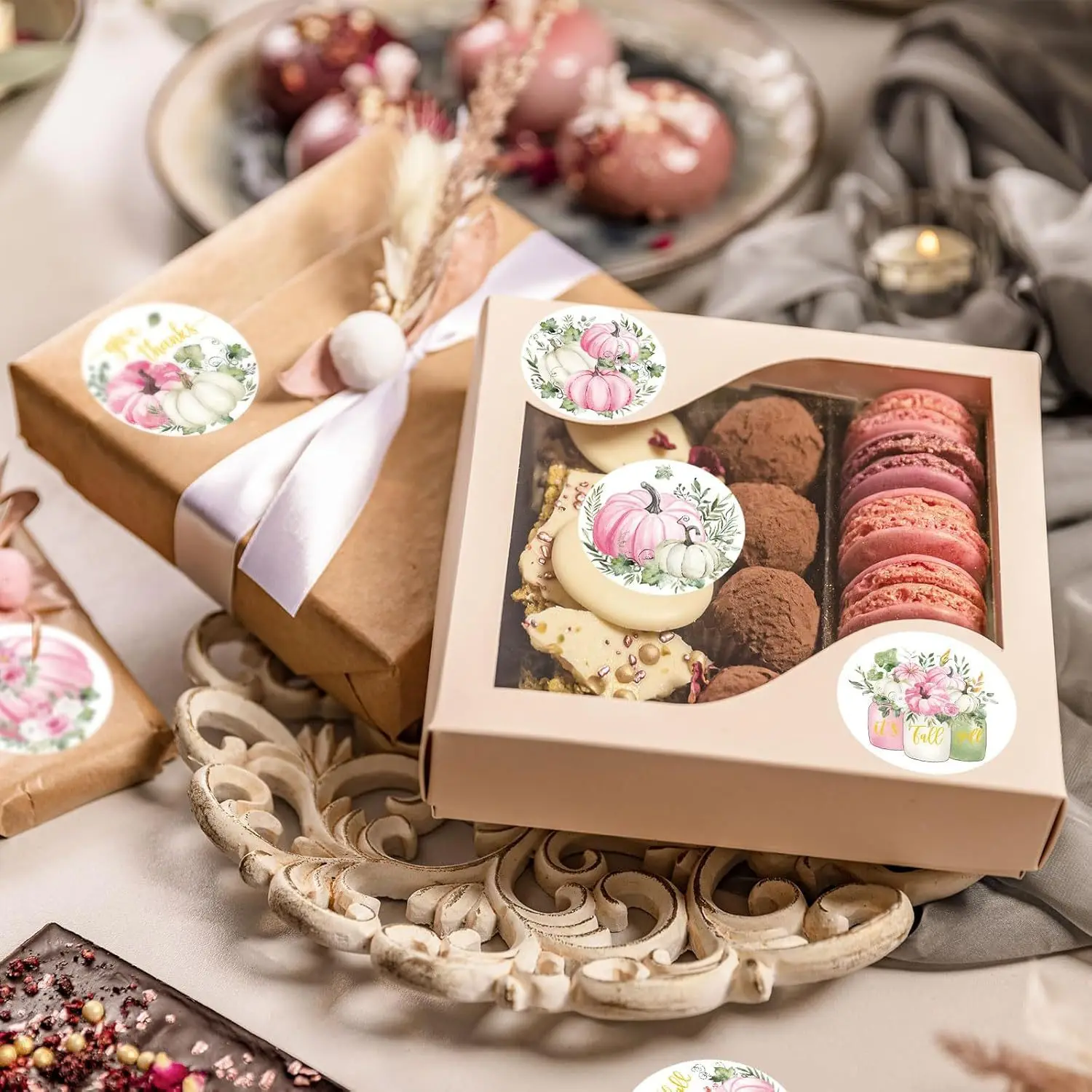 500 stks/rol Herfst Pompoen Roze Cartoon Afdichting Stickers DIY PVC Laptop Telefoon Cas Water Cup Decals Decoratie Beloning Geschenken speelgoed