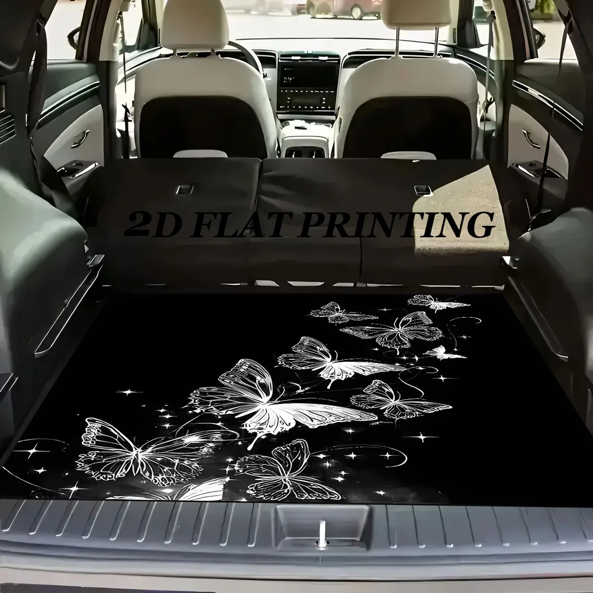 1Pc, Non-Slip Stylish Car Trunk Mat, Black Background with White Butterfly Fantasy Pattern Design - Durable Polyester Material, Keeps the Trunk Dry and Tidy, Adds Personality to Your Car Interior, Car Trunk Protection Mat, Perfect for Storage and Decoration.
