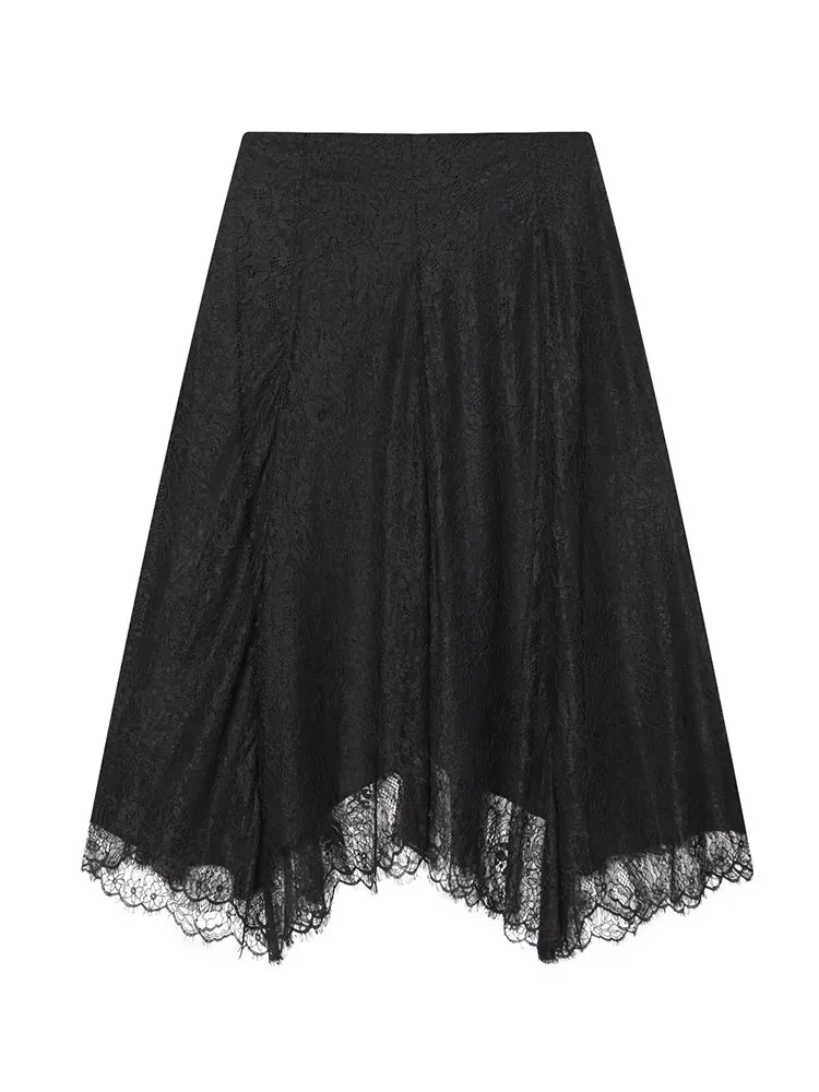 

HH Women's New Fashion Vintage Sexy Lace Zipper Midi Skirt Female Temperament Mid-waist Versatile Slim Asymmetrical Chic Skirt