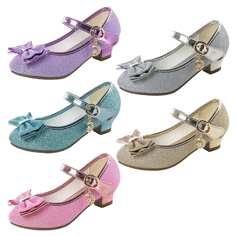 Children Classic Bow High Heel Glitter Crystal Sandals Girls Fashion Sequin Princess Dance Shoe Kids Performance Leather Shoes