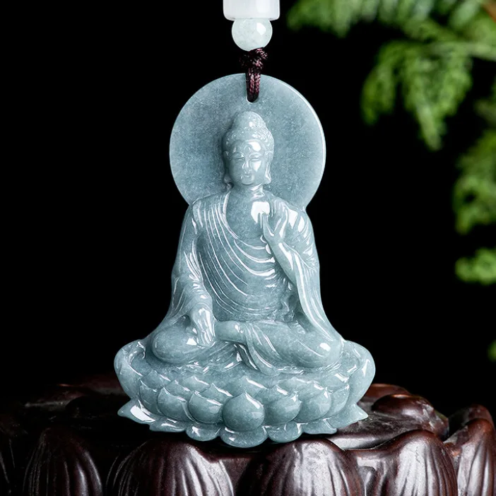 

Natural A-grade Water Jadeite Amida Buddha Pendant Guanyin Bodhisattva Guardian Deity Personal Buddha for Both Men and Women