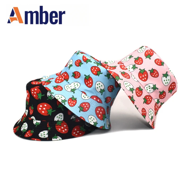 Amber Strawberry Print Bucket Hat Cartoon Fruit Panama Fisherman Hats Double Sides Reversible Foldable Pink Girly Summer Cap