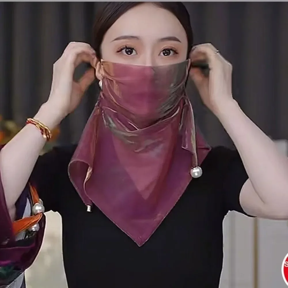 Colorful Summer Sun Protection Veil Multi Functional Magnetic Pearl Silk Scarf Elegant Neck Warmer