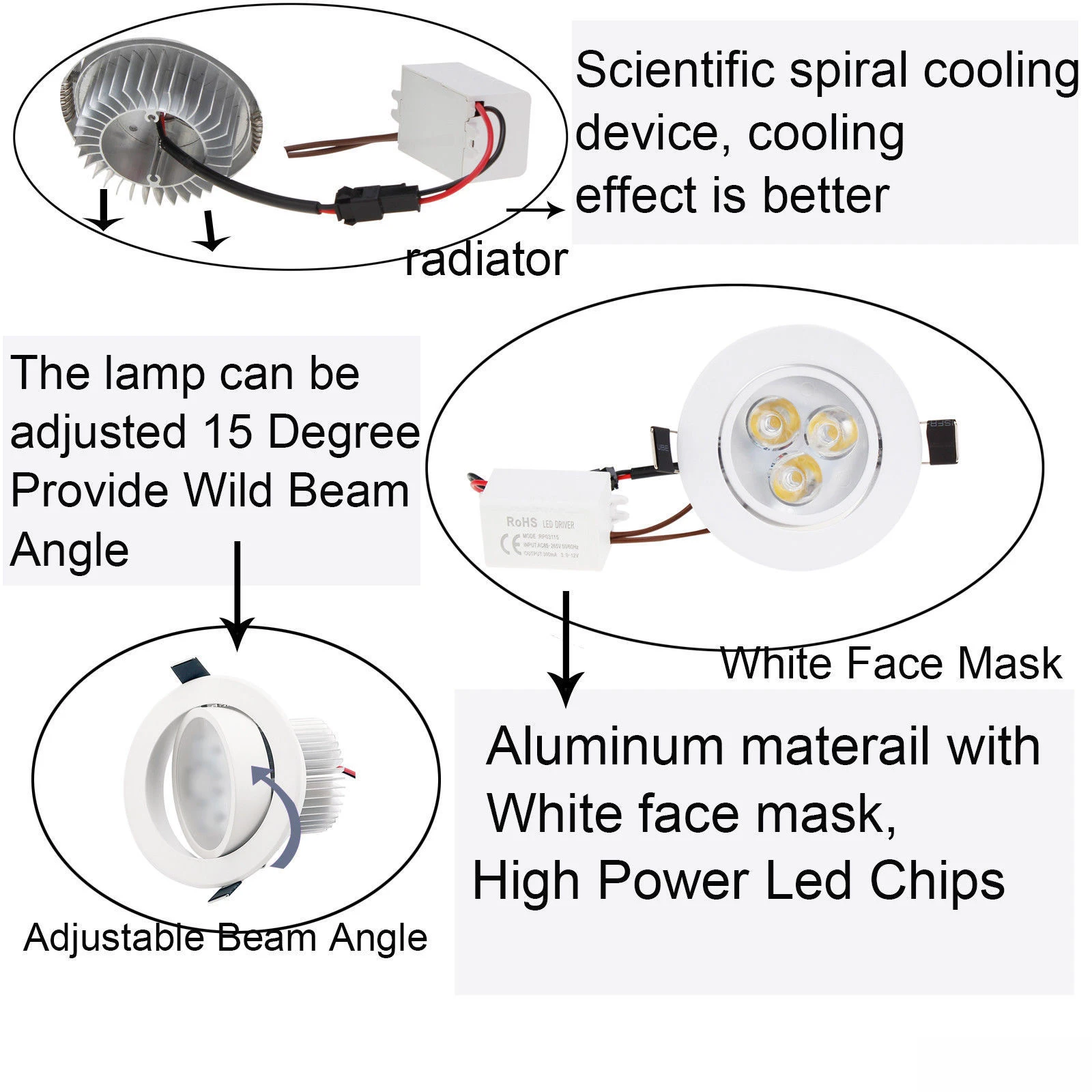 LED 매립형 천장 다운라이트 스포트라이트 램프, 드라이버 포함, 색상 밝기 조절 가능, 다채로운 빨강, 노랑, 파랑, 초록, 보라색, DC 12V, 24V, 3W