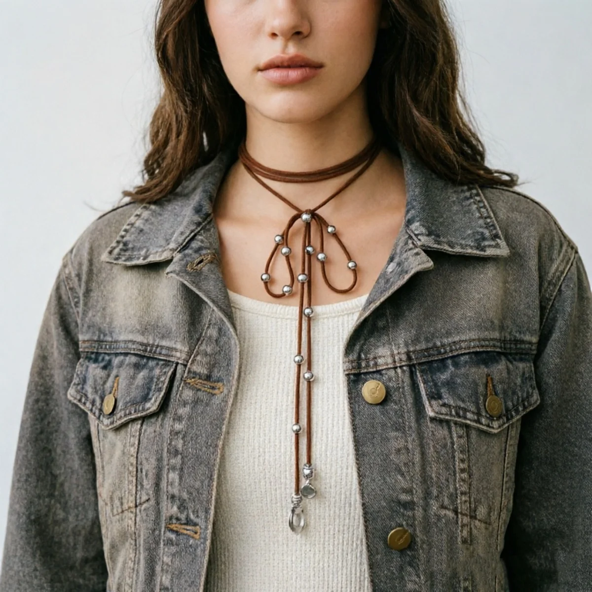 Trendige mehrschichtige Samt-Kordel-Schleifenkette für Damen und Herren, Retro-Western-Ästhetik, runde Perlen, Schleifenknoten-Choker-Schmuck. – Detail 18