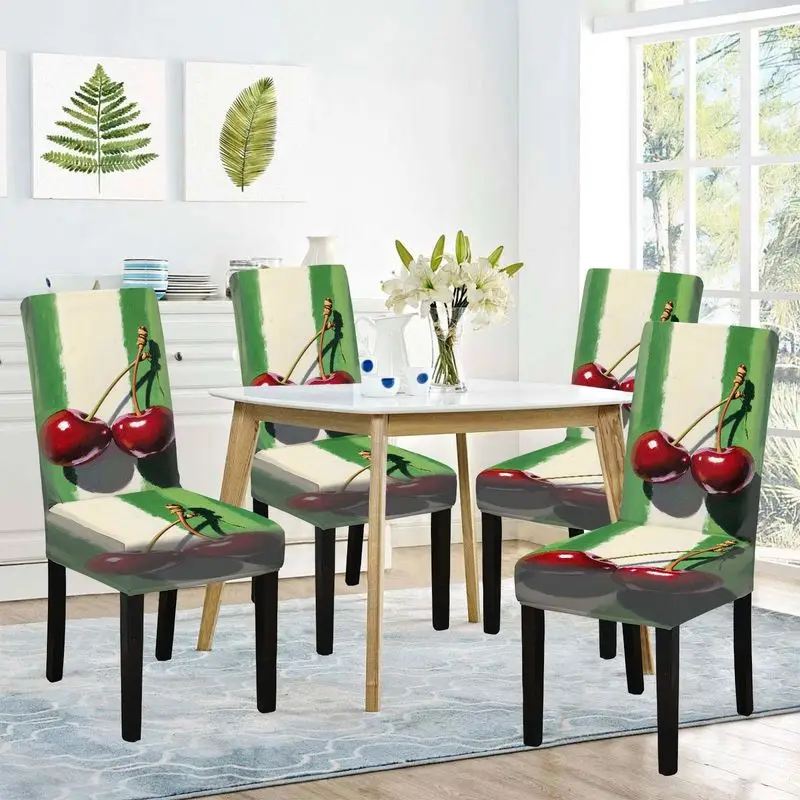 

Чехол для обеденного стула с плоским принтом, ярко-красный с узором вишни, многоразовый, моющийся, защитный чехол для домашнего обеденного стула