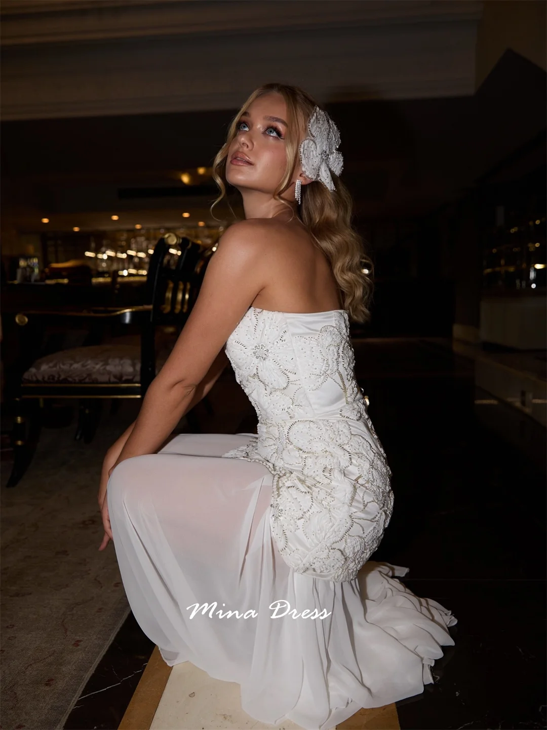 Mina Robes personnalisées en perles de fleurs 3D pour événements spéciaux, paillettes. Robe de soirée de luxe pour femmes, haut tubulaire, dos nu, robes élégantes