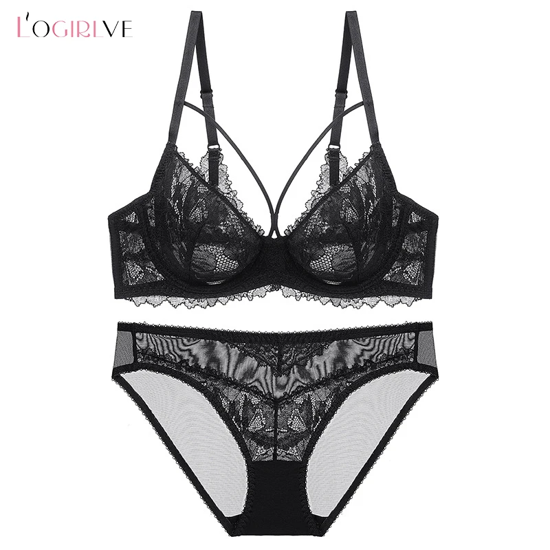 Logirlve New Ultra-thin Underwear Set Push-up Bra And Panty Sets Hollow Brassiere Gather Sexy Bra Plus Size Lace Lingerie Set