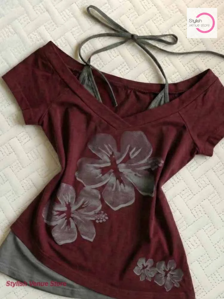 American retro design interesting flower print top women's summer new fake two pieces of fashion irregular strap short sleeves.