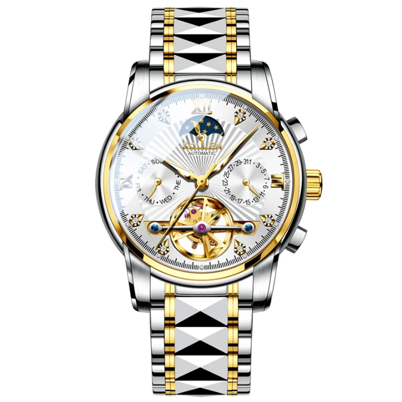 

Luxury Brand New SOLLEN Automatic Mechanical Men's Watches Multi-function Dial Dual Skeleton Waterproof Moon Phase Clocks SL807