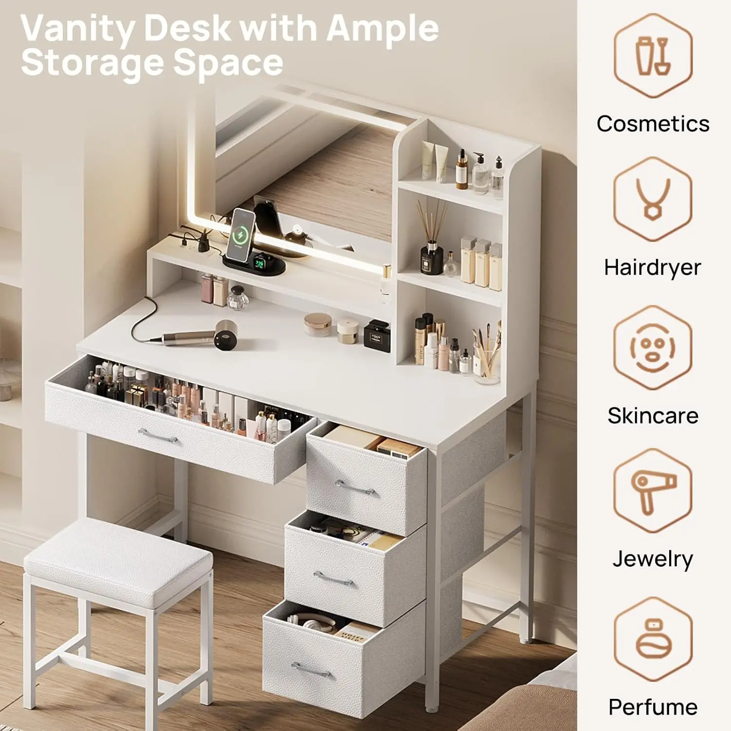 Vanity Desk con specchio e luci, trucco con sgabello imbottito, 4 cassetti, prese di corrente, set con 4 Com