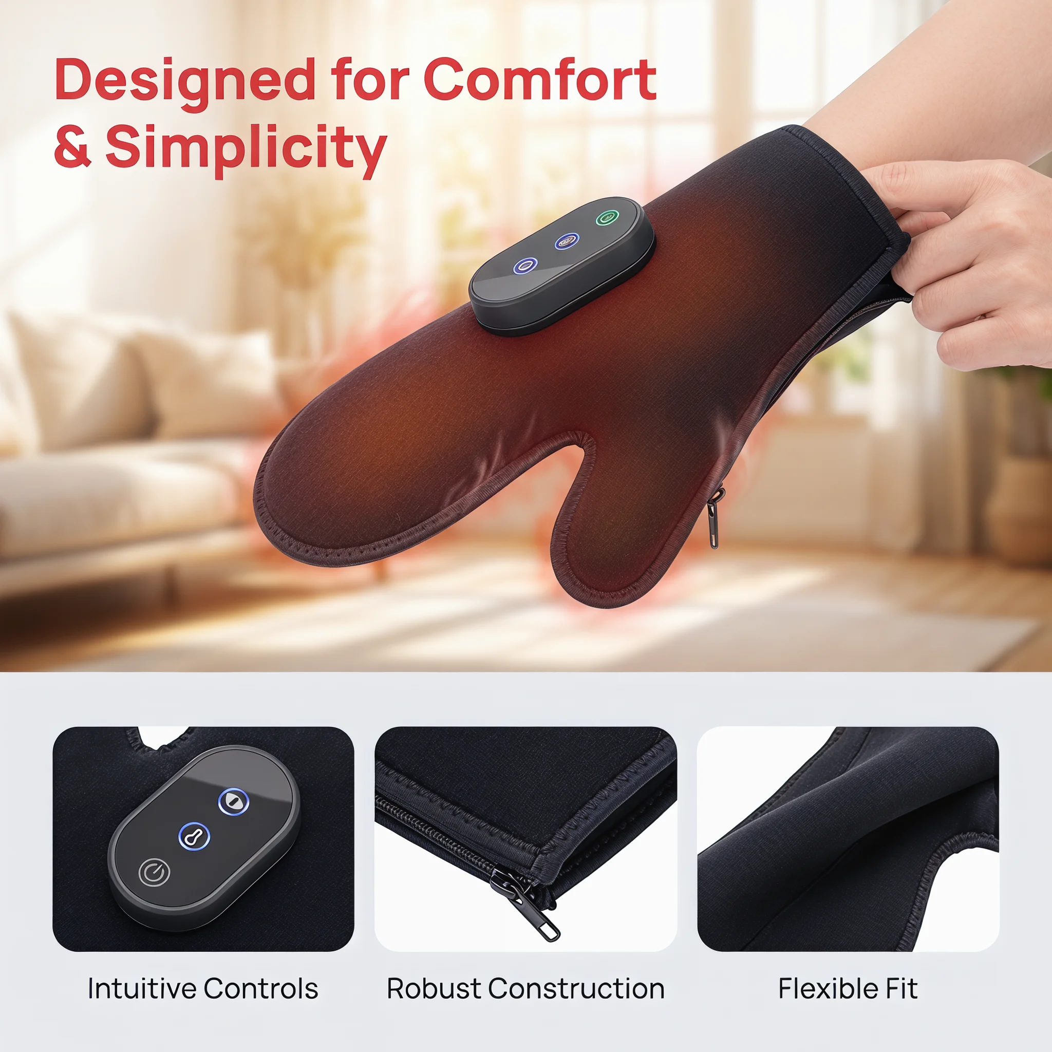 Wearable Hand Massager with Heating and Vibration, USB Rechargeable Glove Design, Adjustable Settings, Home and Office Use