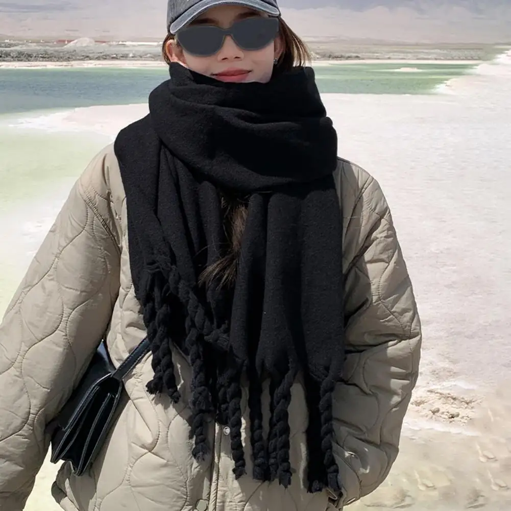 Women Winter Scarf Thick Warm Scarf With Tassels Versatile Solid Color Pashmina For Outdoor Cycling Daily Use Blanket Foulard