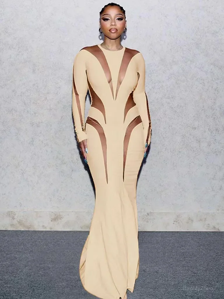 2025 novo verão malha retalhos vestido feminino primavera elegante manga longa o pescoço maxi bodycon magro estiramento clubwear vestido