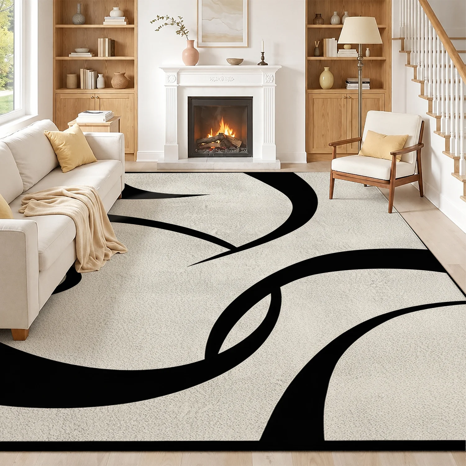 Large Indoor Area Rug, Soft Velvet Low Pile with Non-Slip Dotted Backing, Machine Washable, Modern Abstract Black and White Curved Pattern, Ideal for Living Room Bedroom Home Decor