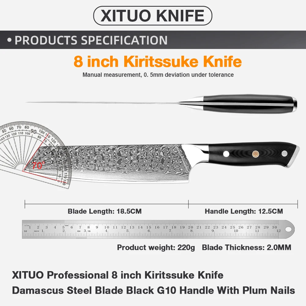 XITUO Damascus Kiritsuke Chef Knife 8 inch Japanese VG10 Super Steel Kitchen Knife Black G10 Handle Razor Sharp Kiritsuke Knife