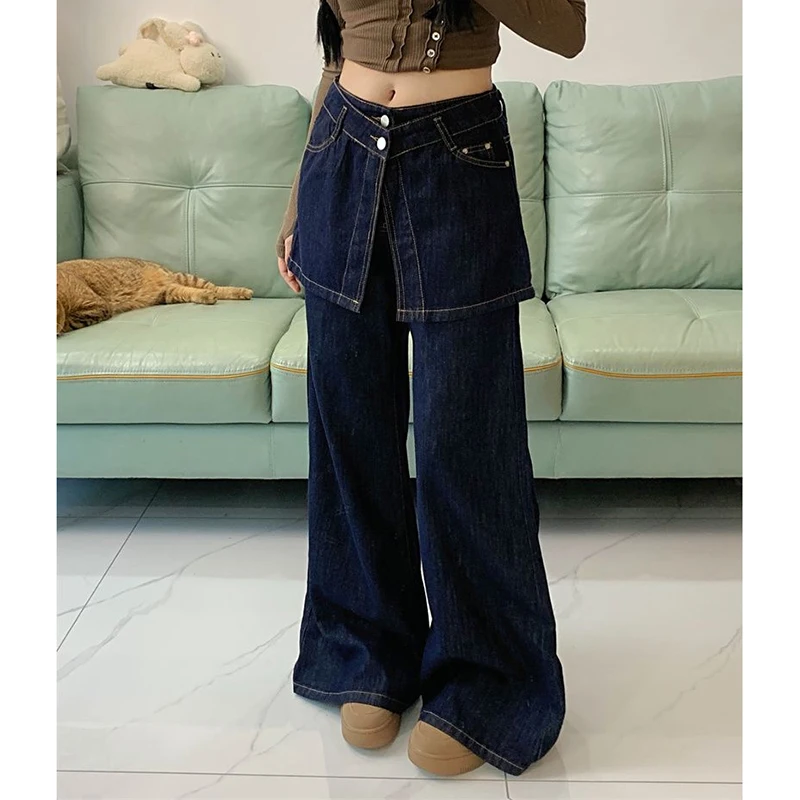 

Fashion Patchwork Solid Jeans Women High Waist Wide Leg Apron Straight Long Denim Pants Casual All Match Female Dark Blue Bottom