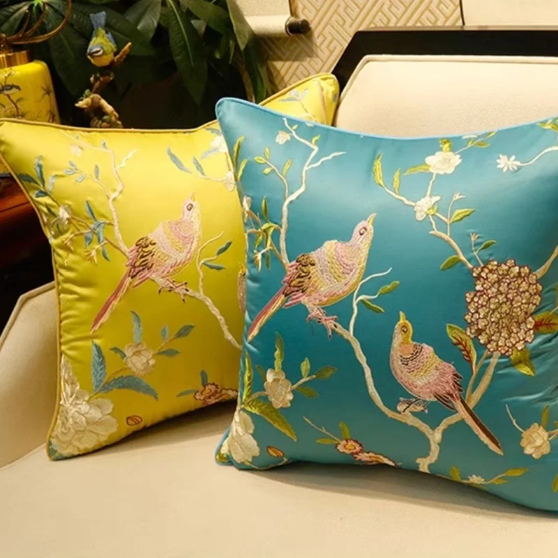 Flora Birds Embroidery Pillows Luxury Satine Cushion Case Art Chinese Decorative Pillow Cover For Sofa Chair Home Decorations