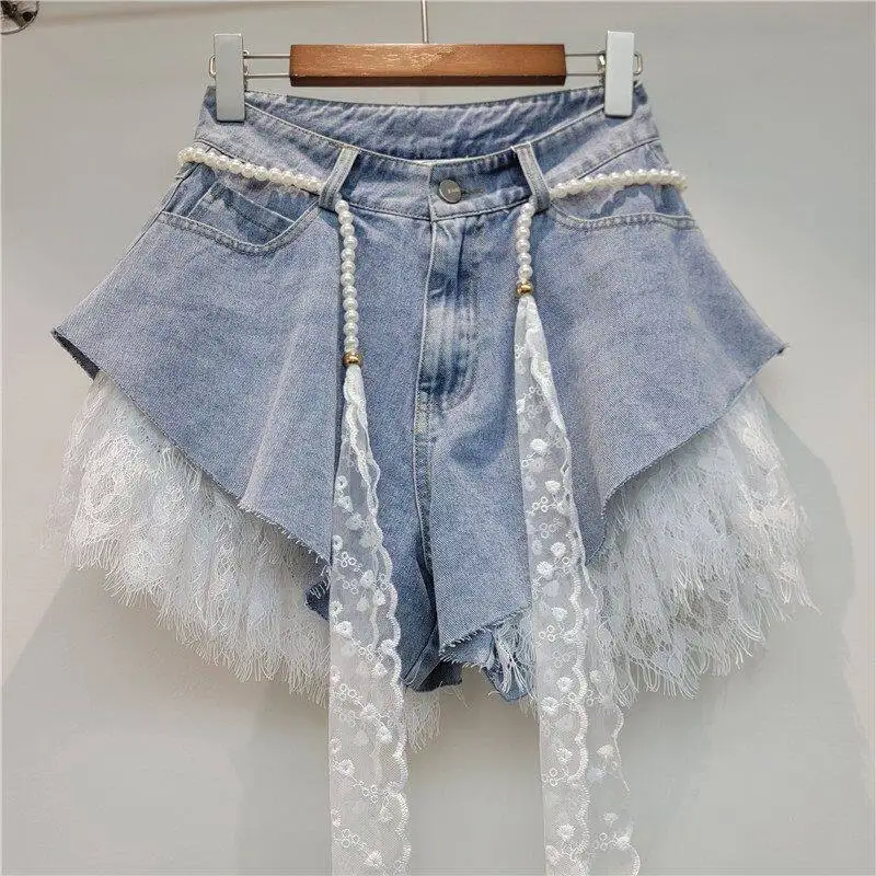 Lace Splicing Denim Shorts for Women 2026 Summer European Style Streetwear Hot Pants with Sashes A-line Slim-looking Shorts