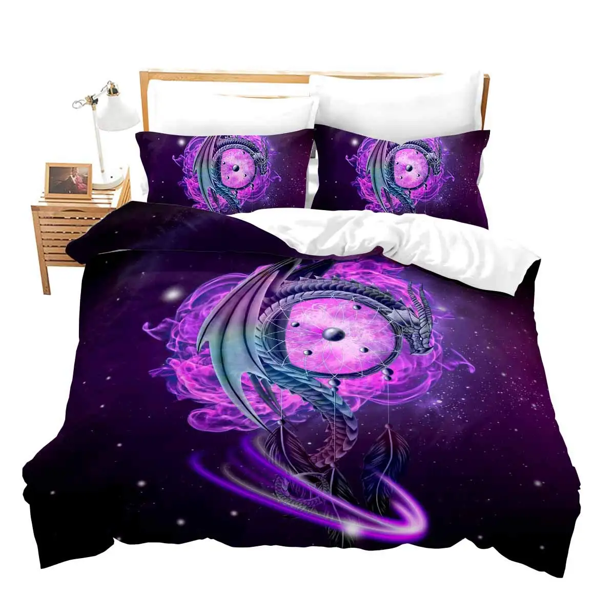 

Galaxy Dream Catcher Purple Comforter Cover Boho Theme Duvet Cover Dragon and Feather Printed 3 Piece Bedding Decor Adult Gift