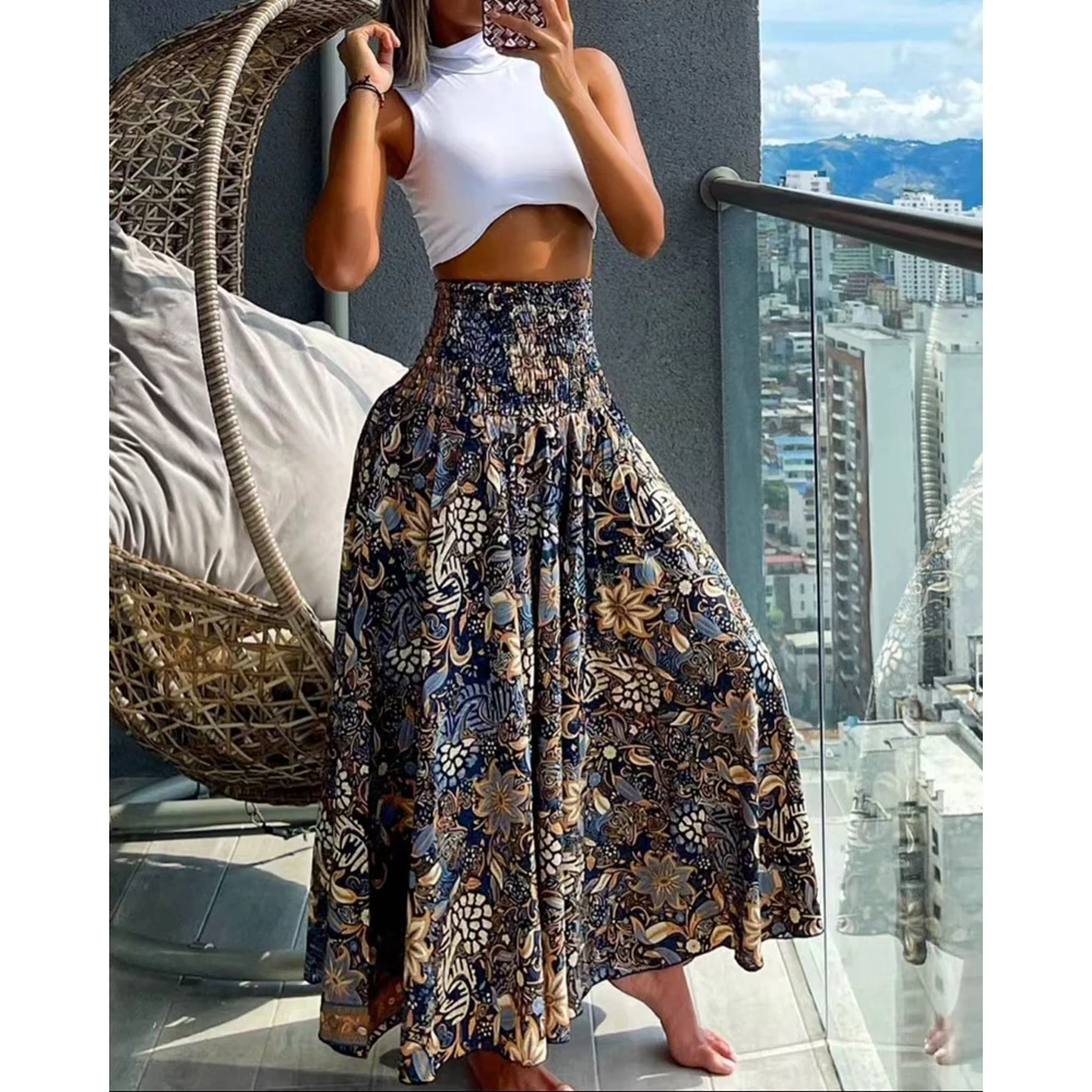 Spring Women Floral Print High Waist Wide Leg Pants Summer Casual Female Shirred Pants Streetwear Fashion Vintage Clothing