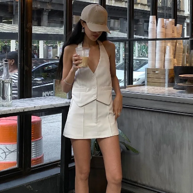 2024 Summer New Matching Sets Strap Suit Fake Pockets Vest Fashion A-line Skirt Suit Female Women\'s Clothing Dress Sets юбка