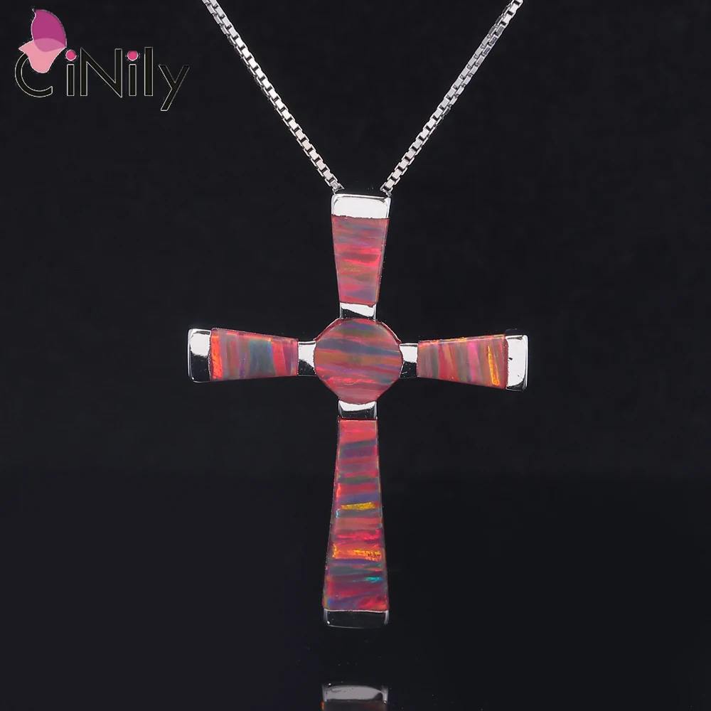 CiNily مكون الأزرق البرتقالي النار أوبال القلائد الفضة مطلي الصليب للنساء الأزياء والمجوهرات عيد الميلاد قلادة (مع قلادة)