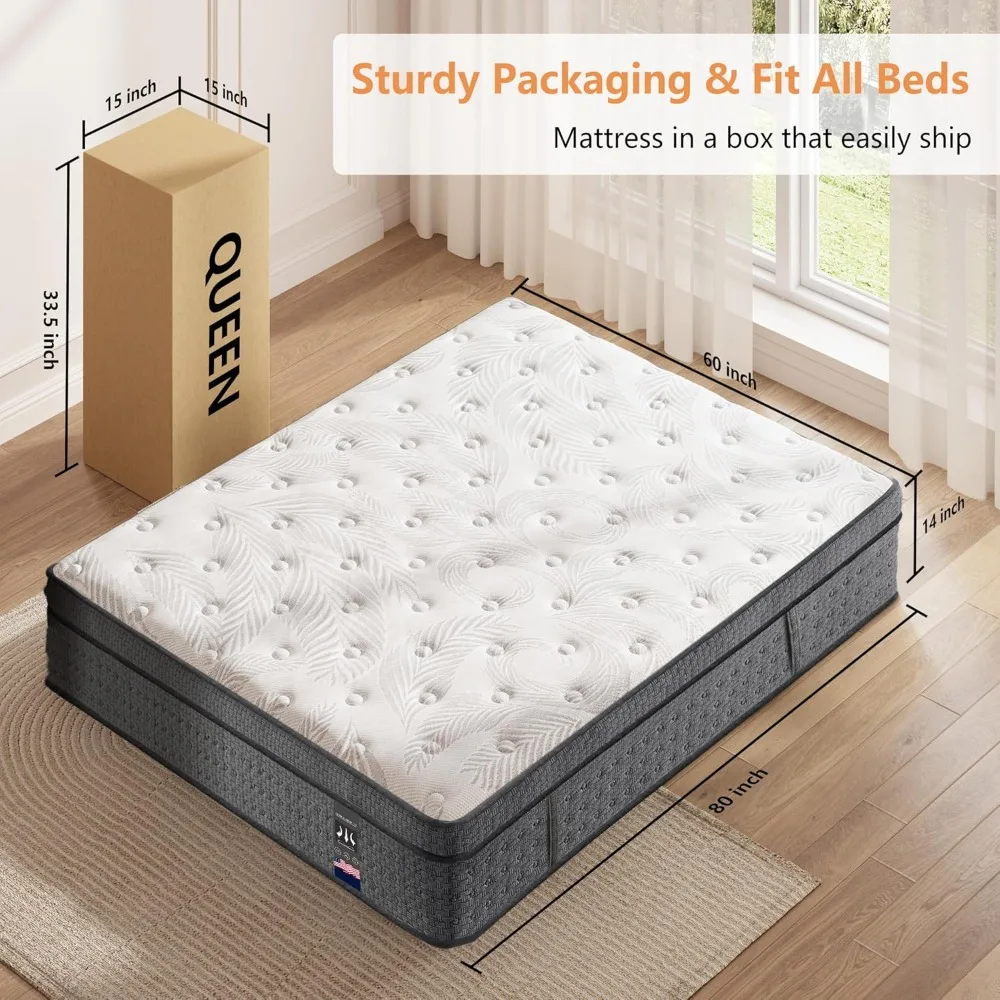 Hybrid Queen Mattress 14 Inches Medium Firm Cooling Gel Memory Foam Independent Spring Mattress in a Box for Comfortable Sleep
