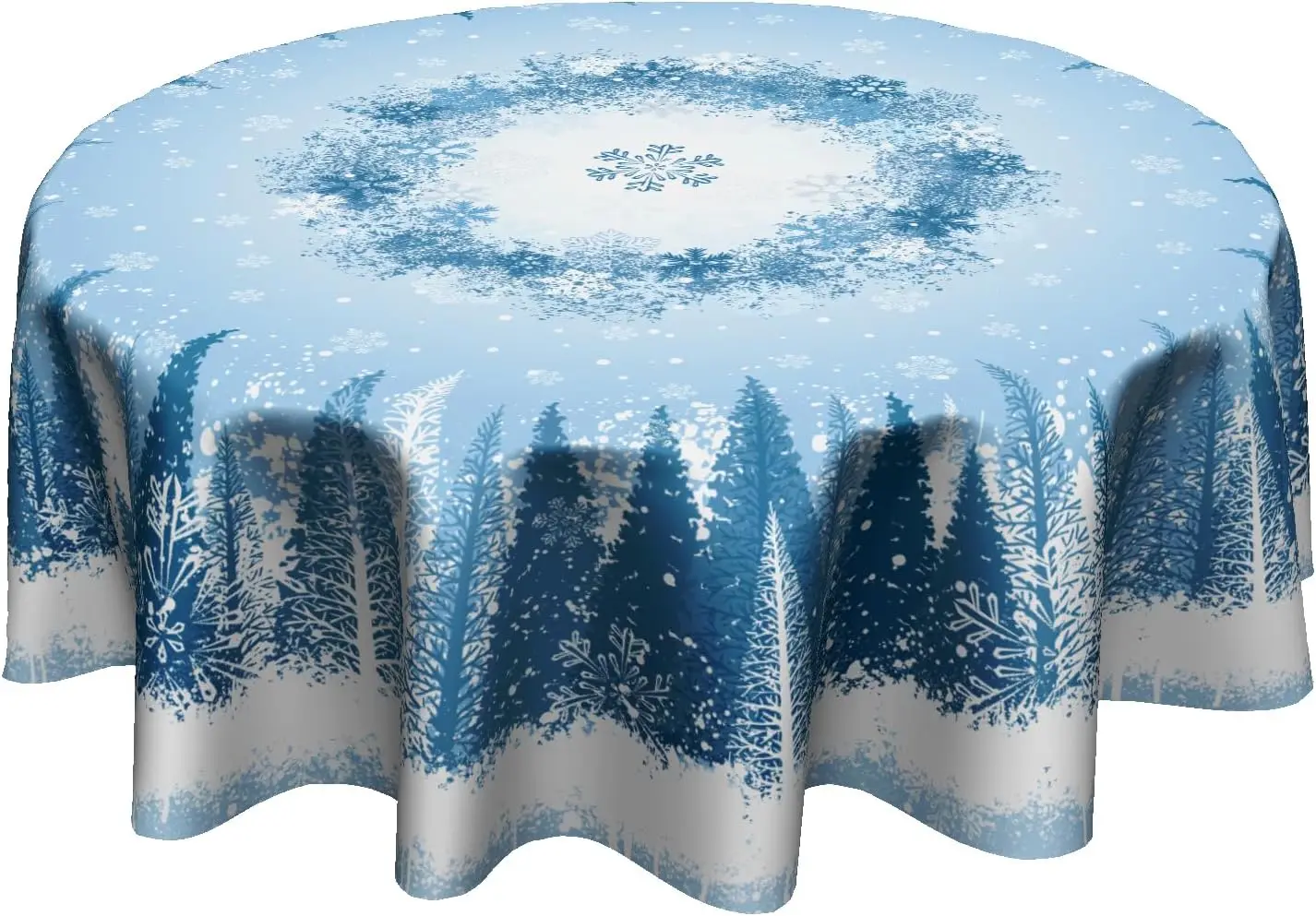 Snowflakes Round Tablecloth 60 Inch - Blue White Winter Trees Table Cloth Snow Splash Crystal Circle Table Cloth Christmas Xmas