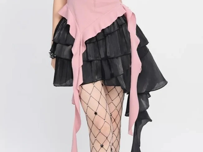 

Summer New Original Irregular Ribbon Multi-layer Short Skirt Sweet Cute Girls Black Glossy Elastic Waist Puffy Mini Skirts