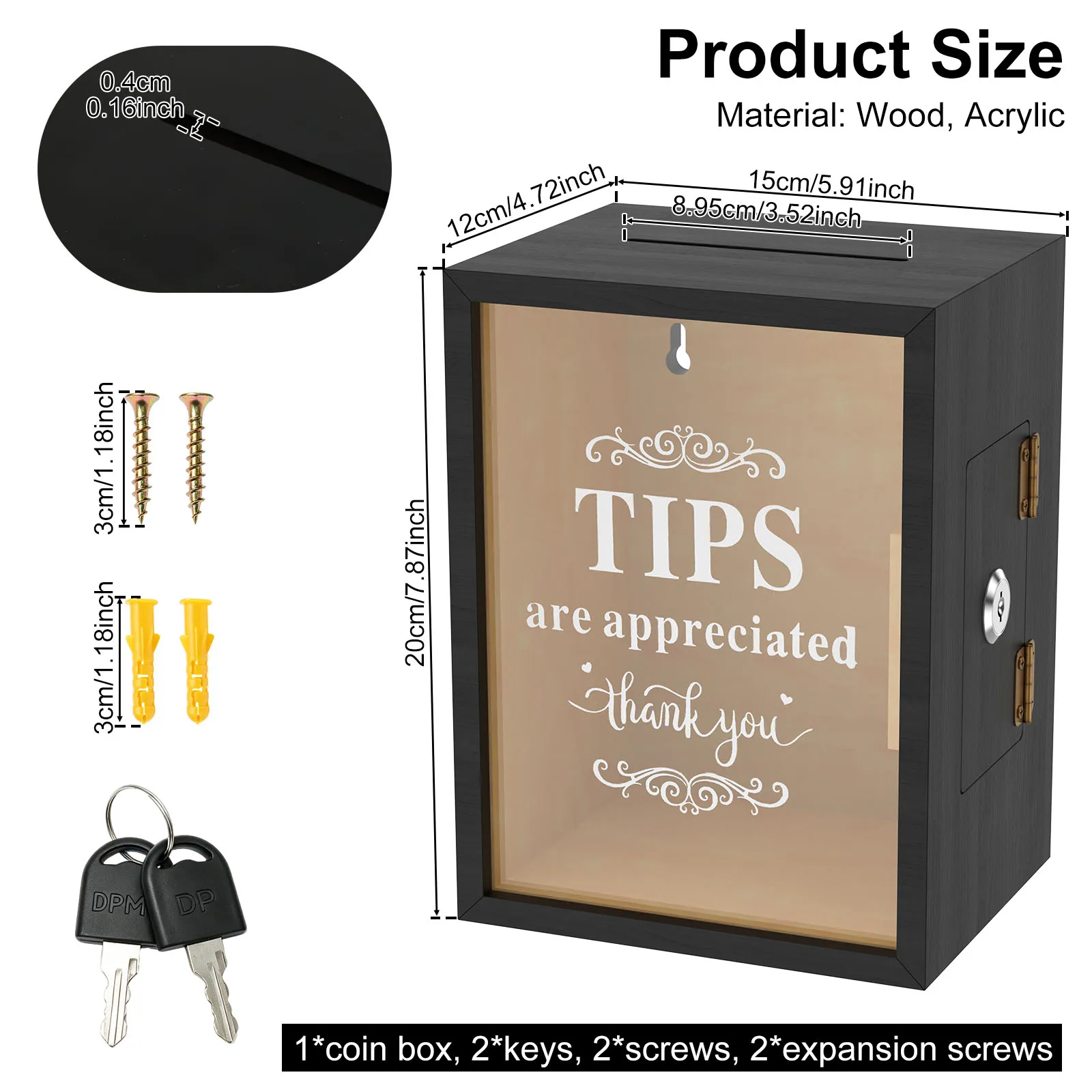 Wood Tip Box with Lock and Key Clear Acrylic Window Tip Jar for Notes Ballots Tickets Compact Tip Case for Restaurants Bars Cafe