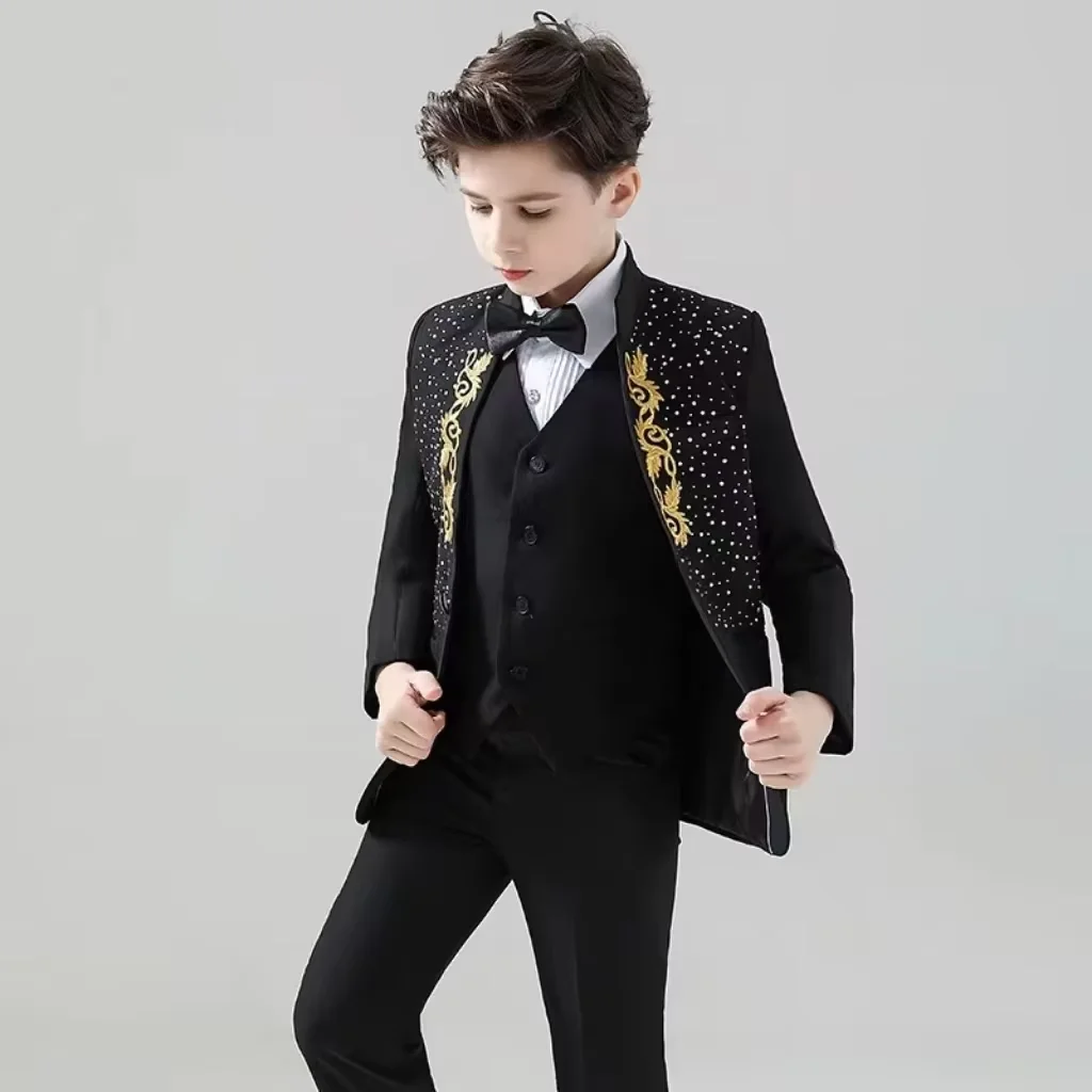 Ragazzi vestito nero vestito da ragazzo 3 pezzi Set Costume ricamato tempestato di diamanti vestito da festa formale bambini 3-16 anni Blazer di moda