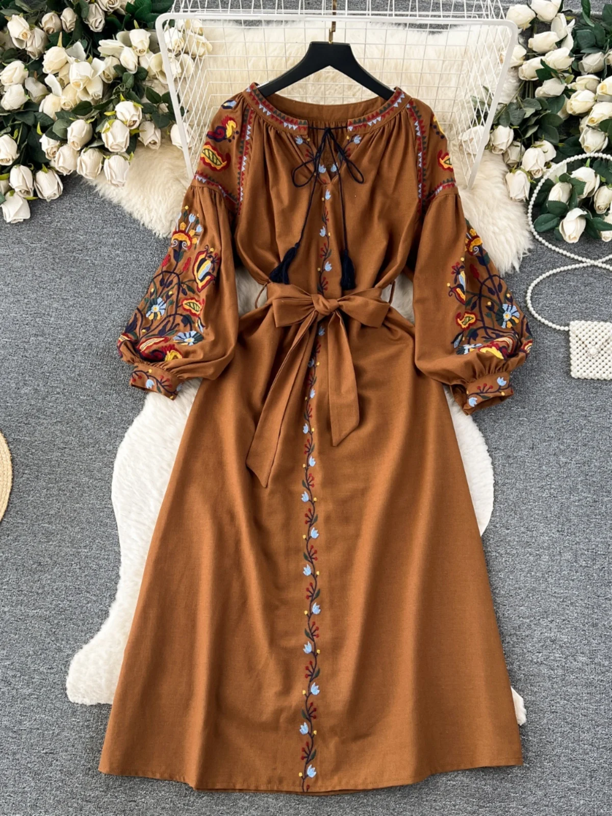 Bohemian Embroidered Dress Women's Autumn Vintage Heavy Work Waist Cinch Bubble Sleeve Tie High Waist mid Length Holiday Skirt