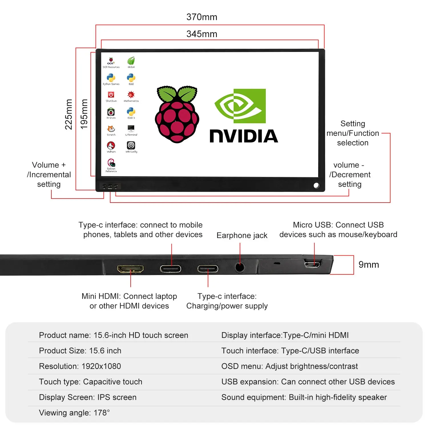 Yahboom-Haut-parleur intégré à écran tactile HD, résolution 15.6x1920, compatible avec Raspberry Pi et Jetson Series Board, 1080"