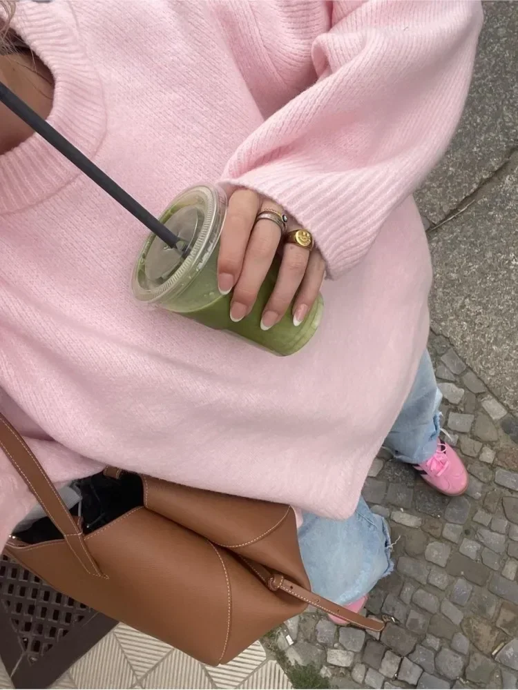 Fashion Pink Knit O-neck Sweaters Women Solid Color Casual Loose Long Sleeve Crop Top Knitwear 2023 Autumn Highstreet Pullover