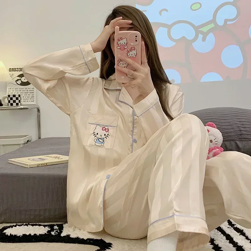 Hello Kitty's new women's pajamas, ice silk long-sleeved trousers cartoon casual two-piece set Sanrio loungewear pajamas