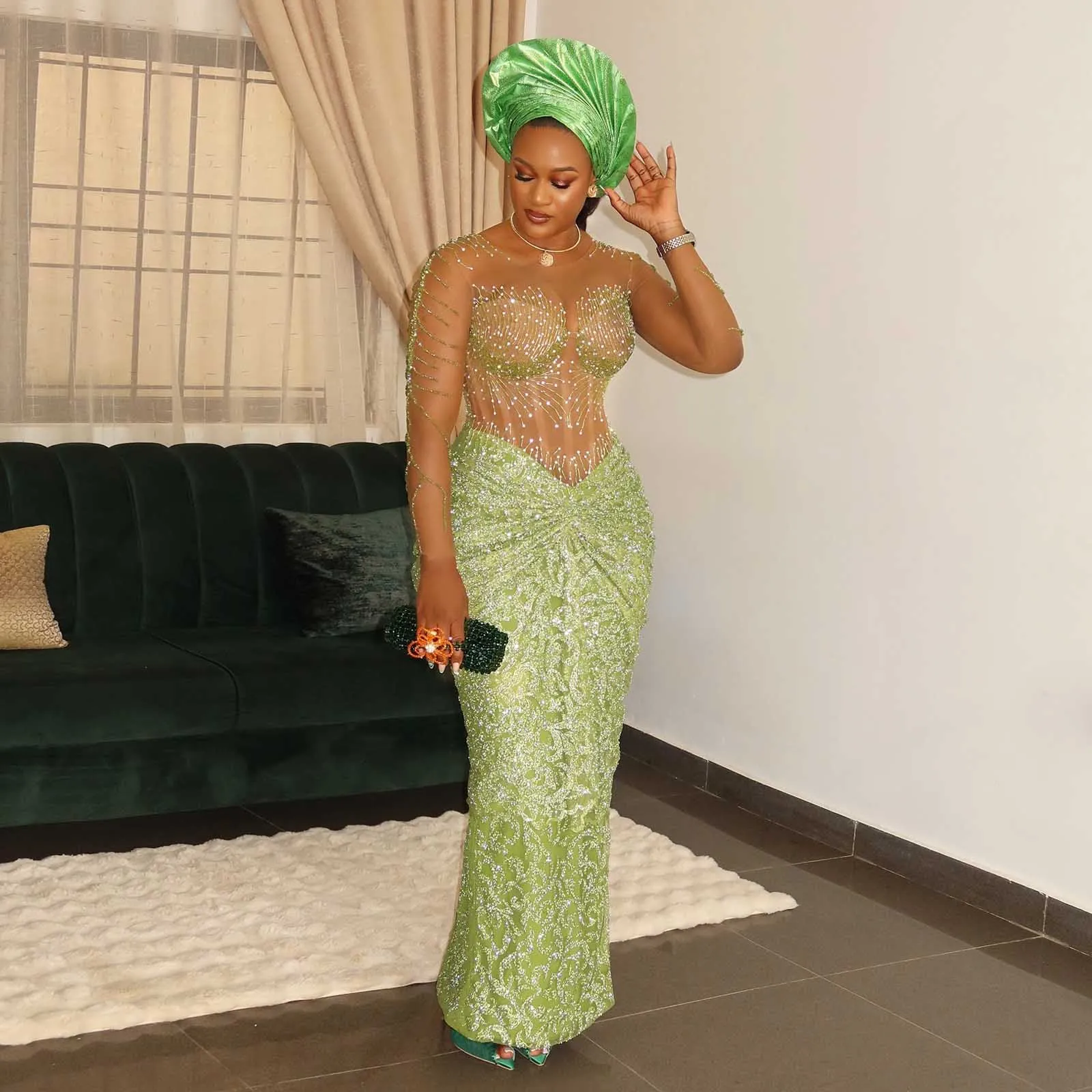 Sukienki na studniówkę w stylu Aso Ebi, zielona koronka, błyszczące cekinowe sukienki dla gości weselnych, nigeryjskie sukienki urodzinowe, afrykańskie suknie wieczorowe.