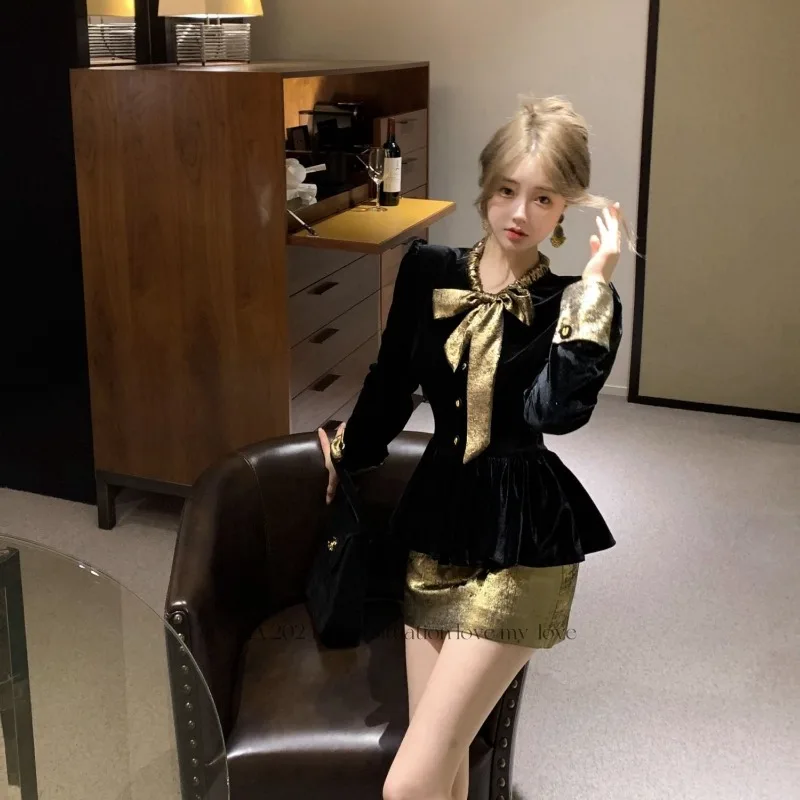 Camisa de terciopelo con pajarita para mujer, Tops Vintage con manga abombada y cintura ajustada, Blusa elegante de fiesta a la moda para primavera 2025