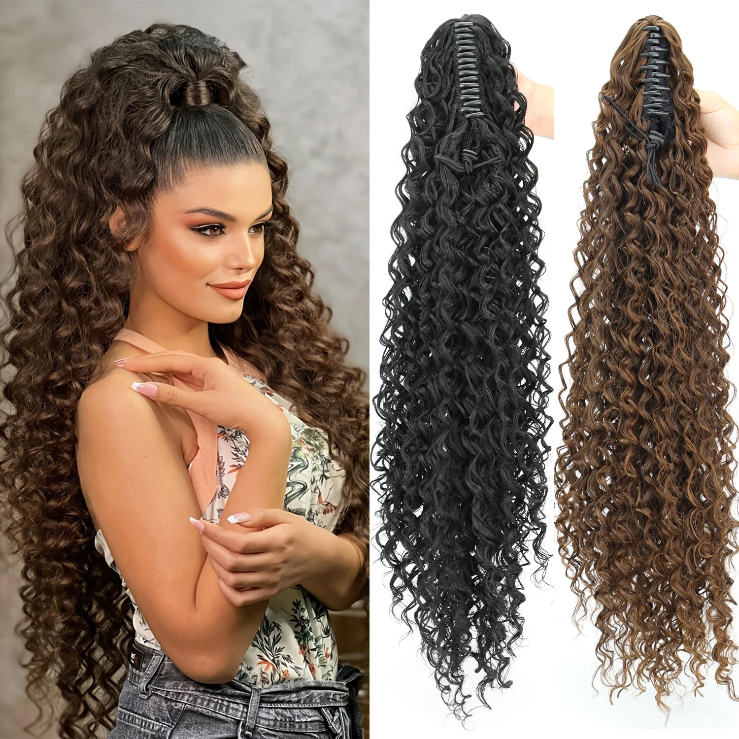 Clip de garra sintética en extensiones de cola de caballo cola de caballo rizada larga negra marrón para uso diario de mujeres