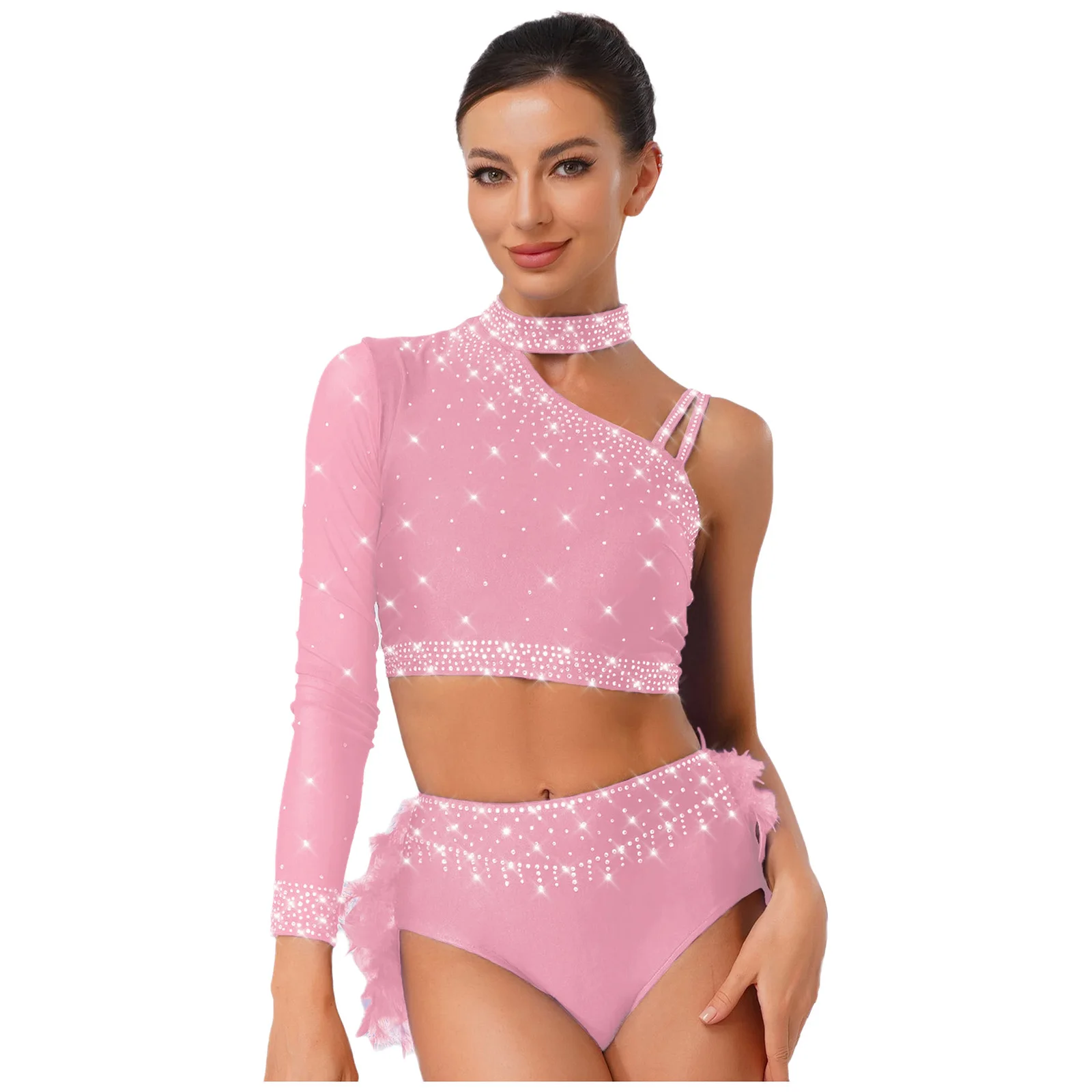 Damen Jazz Tango Latin Bauchtanz Cropped Tops Strass Single Langarm Asymmetrisches Top für moderne Dancewear Performance