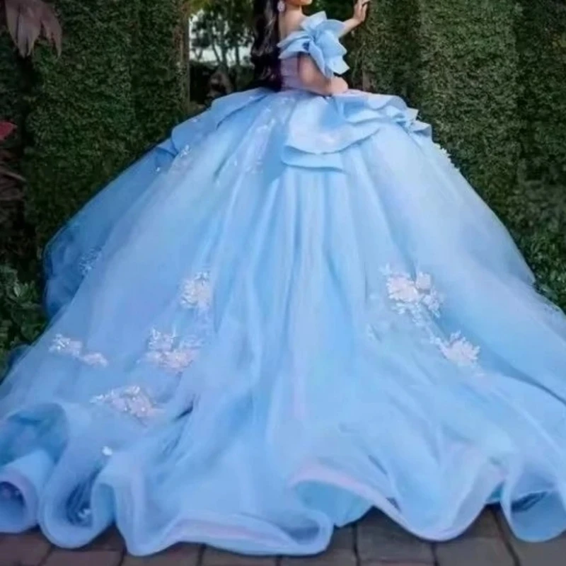 

Элегантные небесно-голубые платья для выпускного вечера и дня рождения (Sweet 16), с открытыми плечами, бисером, цветочными аппликациями, шнуровкой, для особых случаев, наряды для Quinceanera, индивидуальный пошив