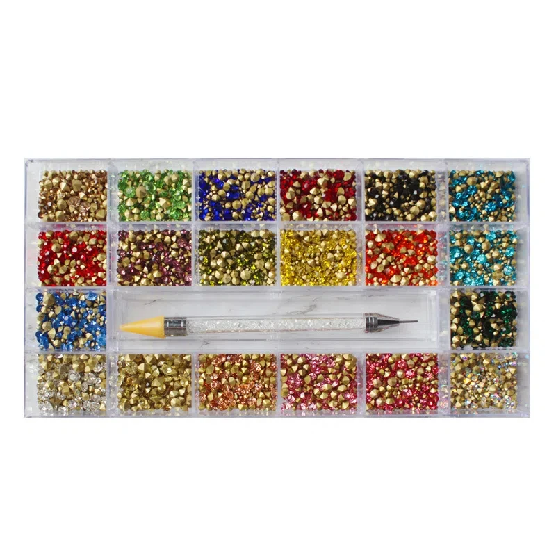 21 - Ensemble de strass pour ongles pointus à dos en boîte de grille, pierres précieuses empilables pour Nail Art, Kit de décoration de manucure à haute brillance pour la conception des ongles