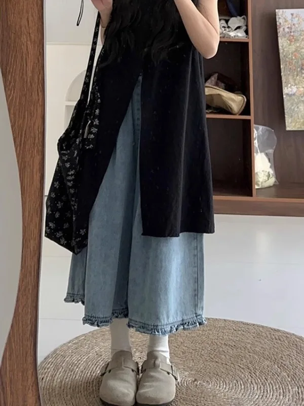 루즈 와이드 레그 팬츠 한국 스타일 여름 2025 플로럴 레이스 엣지 진 루즈핏 캐주얼 바지 여성용 내추럴 웨이스트