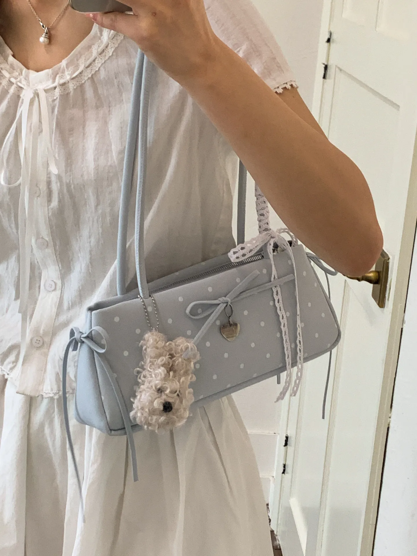 Korean Style Textured PU Leather Armpit Bag Fashionable Bow Knot Polka Dot Shoulder Bag High-End Classic Women's Handbag New