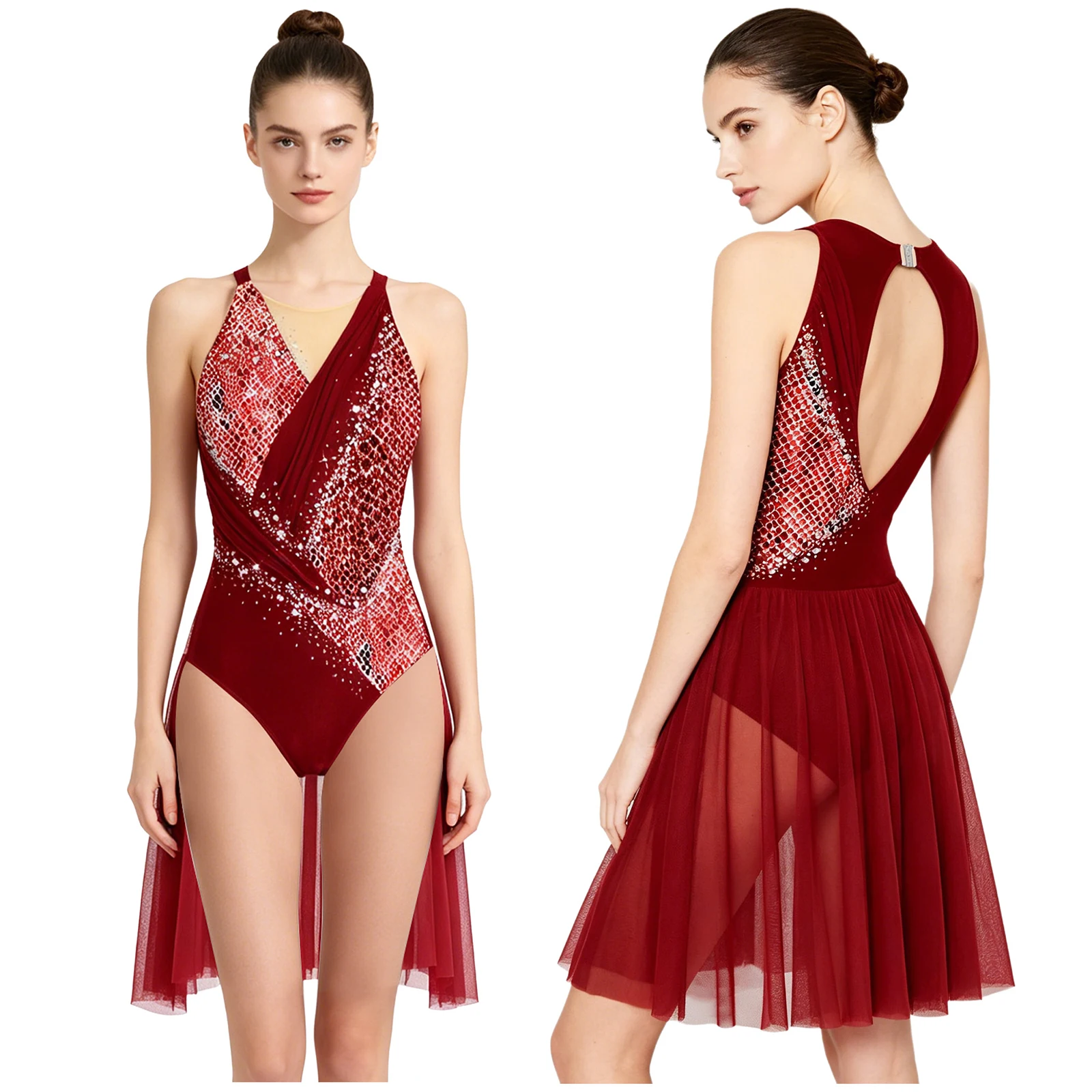 Women's Ballet Dance Figure Skating Gymnastics Leotard Rhinestone Sleeveless Printed Mesh Skirted Bodysuit Samba Rumba Costume